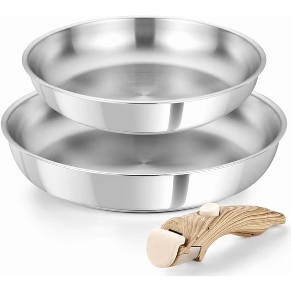Koch Systeme CS Stainless Steel Frying Pan Set with Removable Wood-Grain Handle, 8 & 10 inch, Dishwasher and Oven Safe