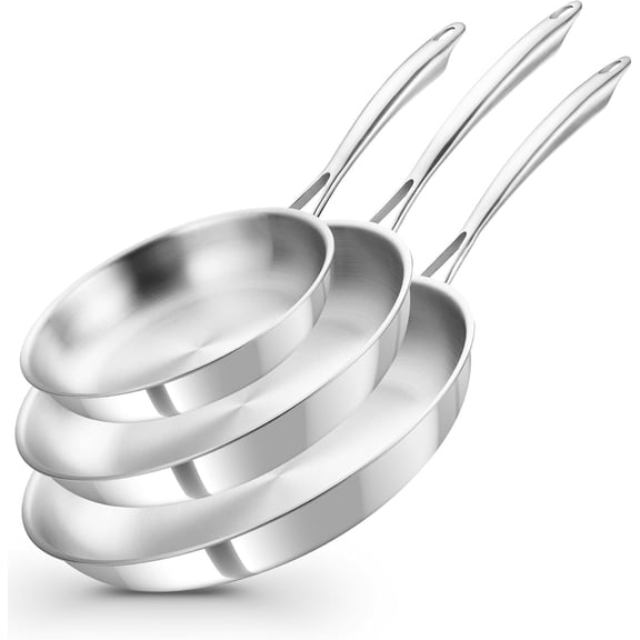 Koch Systeme CS 3-Piece Tri-Ply Stainless Steel Fry Pan Set (8, 10 & 12 Inch) | Professional Cookware, Warp-Resistant