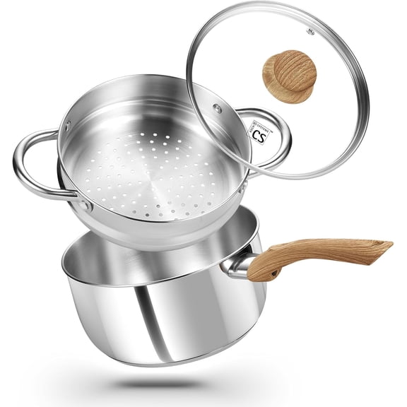 Koch Systeme CS 3-Quart Stainless Steel Saucepan with Lid & Steamer Basket, Bakelite Wood Grain Handle, Induction Compatible, Dishwasher Safe