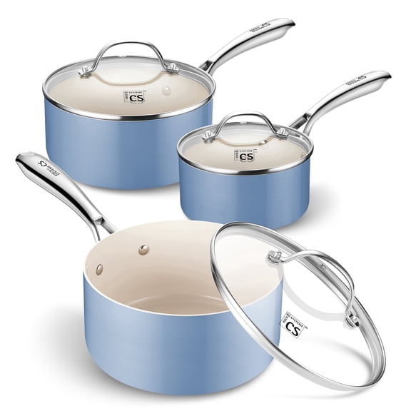 Koch Systeme CS 6-Piece Ceramic Non-Stick Saucepan Set, 1QT & 2QT & 3QT Sauepan with Lids, Compatible with All Stovetops, Blue