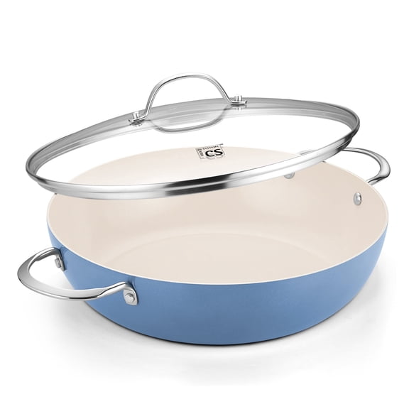 Koch Systeme CS 6QT Non-Stick Deep Frying Pan with Lid, Saute Pan with Aluminum Ceramic Coating, Dishwasher and Oven Safe, Blue