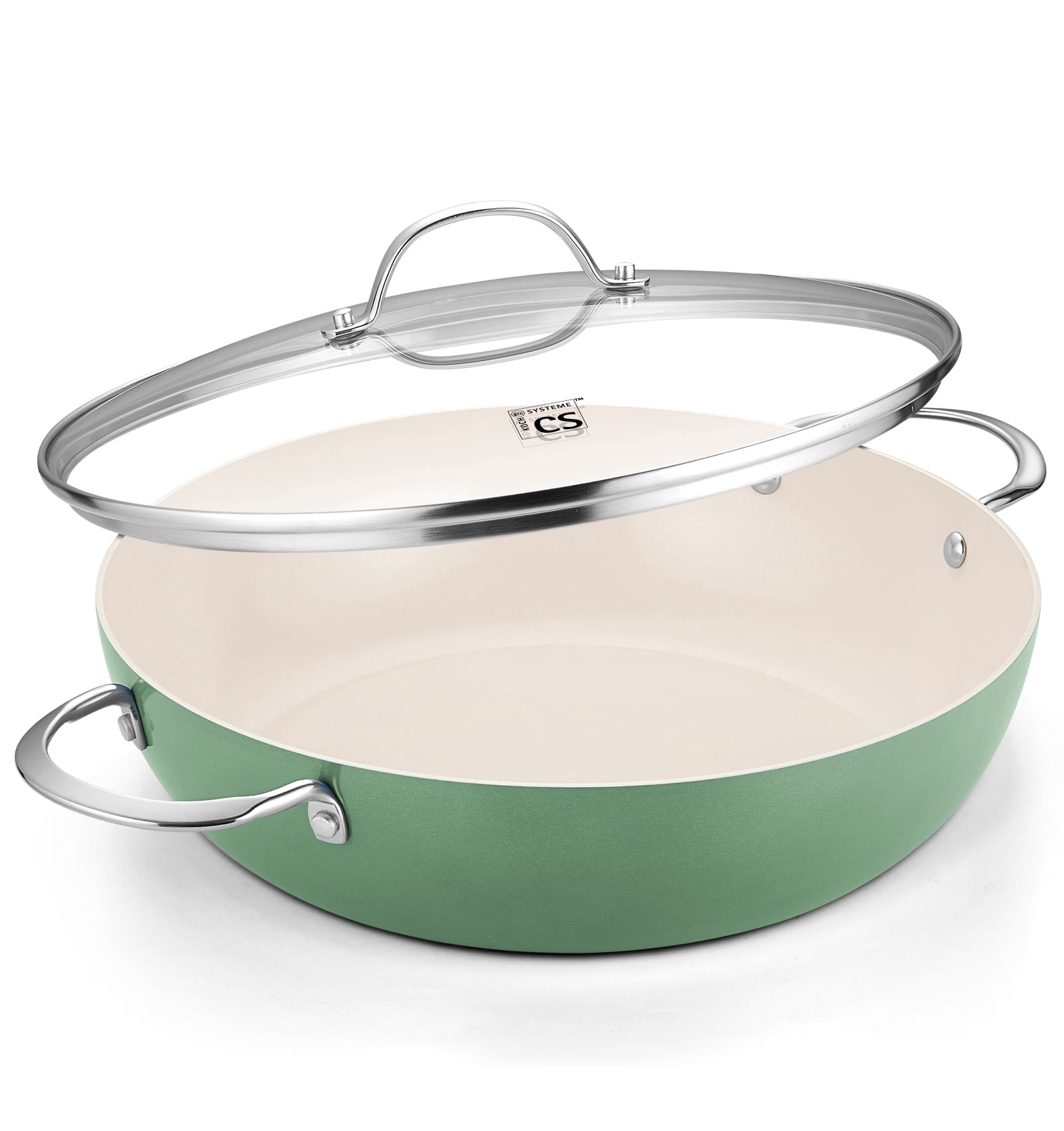 Koch Systeme CS 6QT Non-Stick Deep Frying Pan with Lid, Saute Pan with Aluminum Ceramic Coating, Dishwasher and Oven Safe, Green
