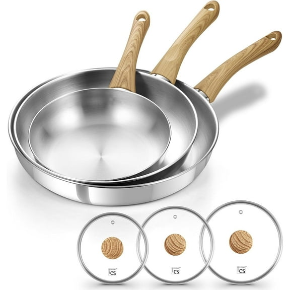 Koch Systeme CS 8 & 10 & 12 inch Stainless Steel Frying Pan Set with Lids & Wood Grain Handles, Induction Compatible, Dishwasher Safe
