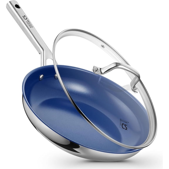 Koch Systeme CS 8 Inch Stainless Steel Frying Pan with Lid, Blue Ceramic Glaze, Non-Stick & Heat-Resistant, Suitable for All Stovetops