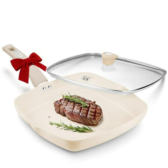 Koch Systeme CS 9.5 inch Nonstick Grill Pan, Easy-Clean Square Skillet with Stay-Cool Handle, Induction Compatible, Creamy White