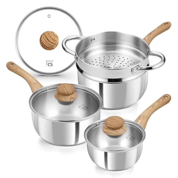 Koch Systeme CS Bakelite Handle Saucepan Set with Steamer (1, 2 & 3 QT) with Glass Lids, Bakelite Wood Grain Handle, Induction Compatible