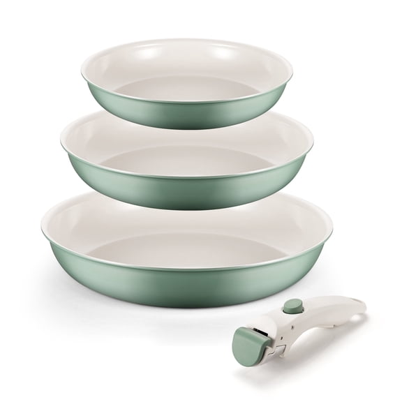 Koch Systeme CS Ceramic Non-Stick Frying Pan Set with Detachable Handle, 3-Piece Induction Compatible Aluminum Frying Pans-8, 9.5, 11 Inch, Easy Storage, Green