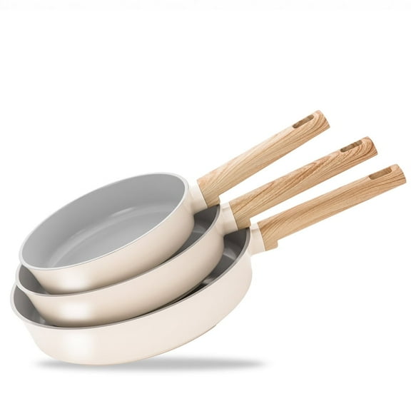 Koch Systeme CS 3 Piece Nonstick Frying Pan Set, 8, 9.5 & 11 inch‌ Cookware Set, Induction Compatible Skillet, Dishwasher Safe, Cream White