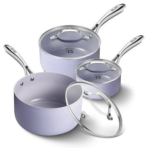 Koch Systeme CS Nonstick Saucepan Set with Lids, 1+2+3QT Cookware Set with Ceramic Nonstick Coating, Oven Safe, Fast and Even Heating, Gradient Purple