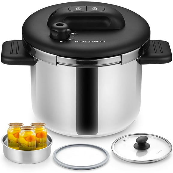 Koch Systeme CS Pressure Cooker Stainless Steel, 6.3 QT Olla de Presion, Easy One-Press Lock, 3 PSI Settings Pressure Cooker, Save 70% Time, Gas & Induction Compatible, Glass Lid & Steamer Rack
