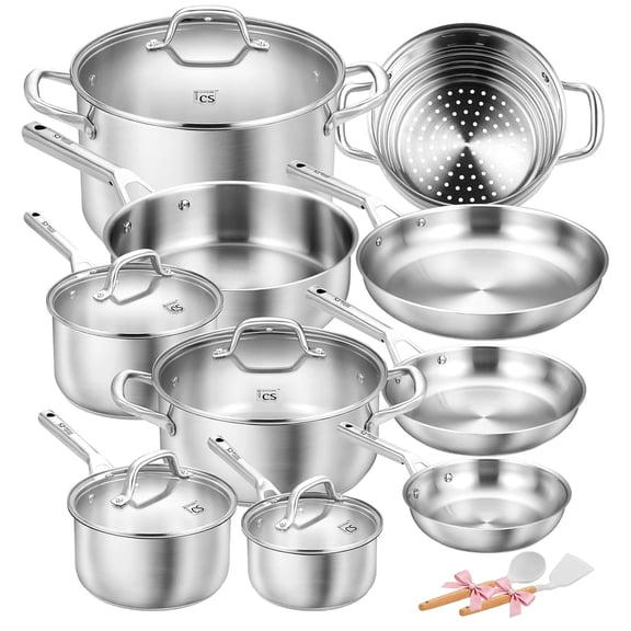 CS KOCH SYSTEME Stainless Steel 17-Piece Cookware Set, Professional 18/10 Stianless Steel Pots and Pans Set, Suitable for All Stoves, Oven Safe