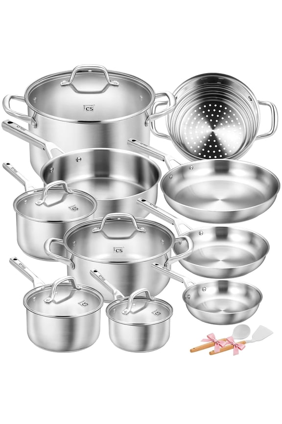Stainless Steel 17-Piece Cookware Set, Professional 18/10 Stianless Steel Pots and Pans Set, Suitable for All Stoves, Oven Safe