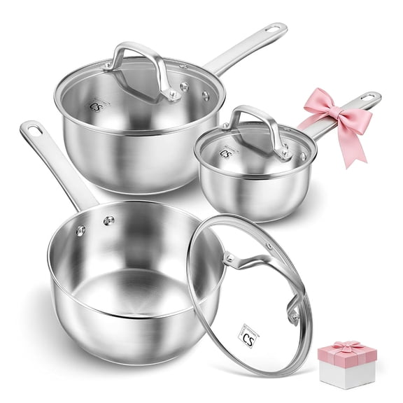 Koch Systeme CS Stainless Steel Saucepan Set, 1QT & 2QT & 3QT Stainless Steel Sauce Pan with Lids, 6 Piece Steel Pot Set, Small Pot Set with Lid, Induction Compatible