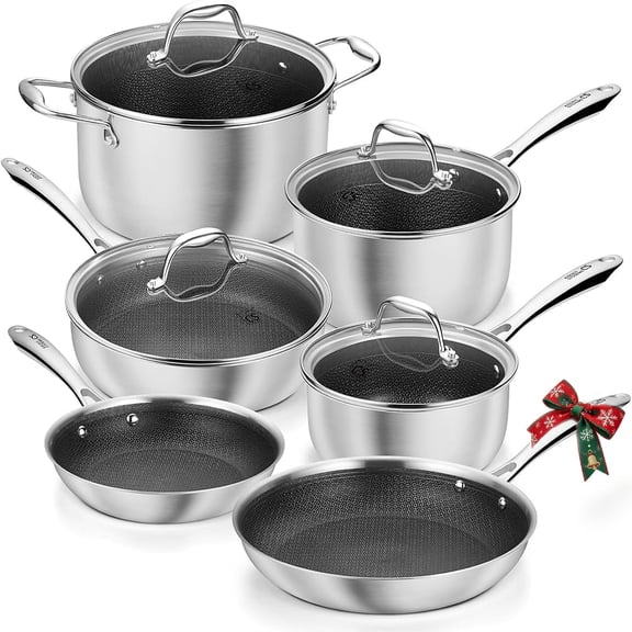 Koch Systeme CS Triply Stainless Steel Cookware Set 10 Piece, Nonstick Hybrid Kitchen Pots and Pans Set with Honeycomb Interior, Induction Compatible