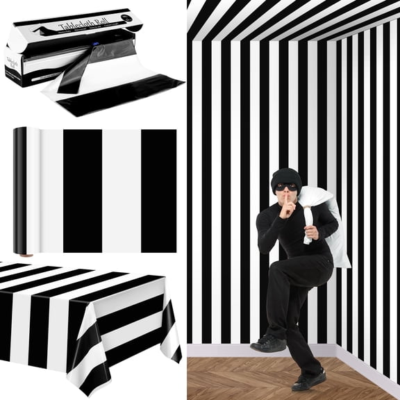 Kochorie 100 Ft x 54 inch Striped Plastic Tablecloth Roll with Cutter Box, Disposable for Halloween Party Decor