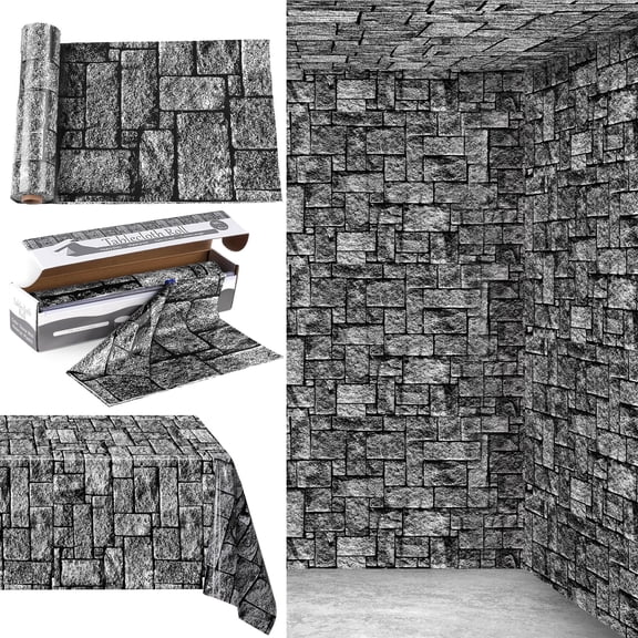 Kochorie 100 ft x 54 in Stone Wall Waterproof Plastic Disposable Tablecloth Roll with Cutter Box, Medieval Brick Table Cover Backdrop For Farm Birthday Party Decor