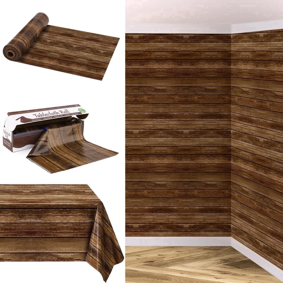 Kochorie Waterproof 100 ft x 54 in Rustic Western Wood-Grain PE Disposable Tablecloth Roll with Slide Cutter Box, Vintage Table Cover for Barn Birthday Classroom Decor