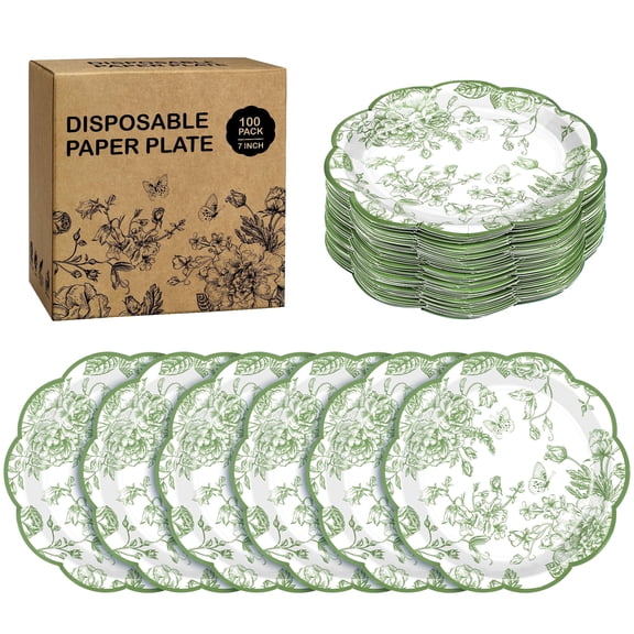Kochorie Scalloped Chinoiserie Vintage Sage Green Floral Paper Plates, 100 Count, 7 inch