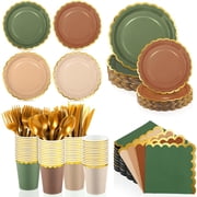 Kochorie 140 PCS Woodland Party Supplies for 20 Guests, Disposable Dinnerware Set with Scalloped Plates Napkins Cups Cutlery for Birthday Wedding Baby Shower Picnic