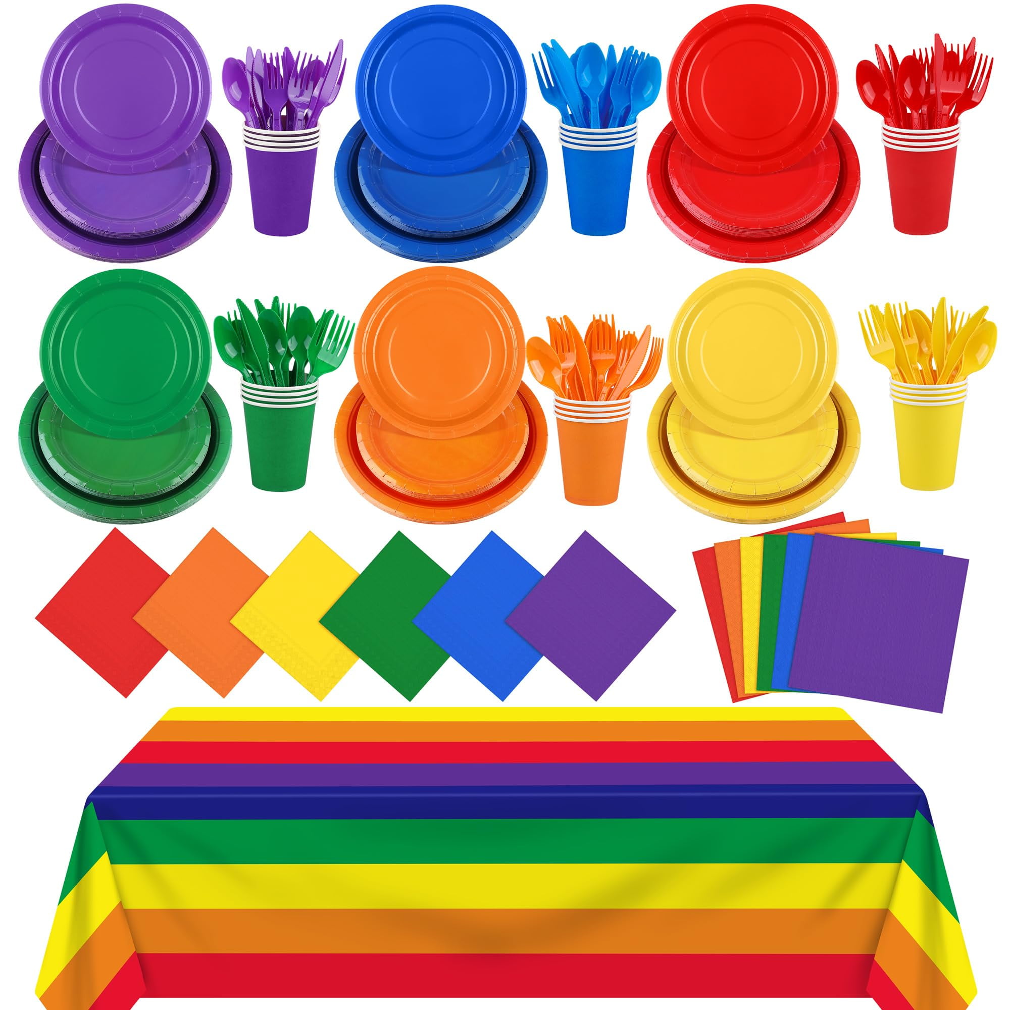 Kochorie 169 Pieces Rainbow Party Supplies BSL1Disposable Dinnerware Plates and Cups Napkins Plastic Forks Knives Spoons Tablecloth for Wedding Birthday Party Decorations, Serve 24 Guests