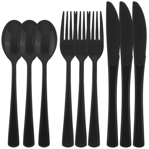 Kochorie 300 Pieces Black Plastic Silverware, Heavy Duty Disposable Utensils with Forks Spoons Knives, Cutlery for Graduation Wedding Party