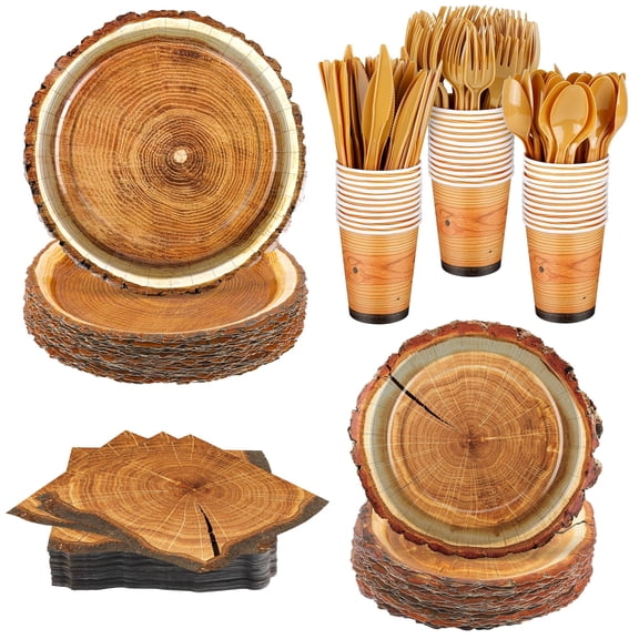 Kochorie 350 PCS Camping Wood Grain Slice Tableware Set Rustic Camping Plates Napkins Cups Cutlery Hunting Birthday Party Decorations Lumberjack Dinner Camping Party Decorations Serve 50 Guests Y101