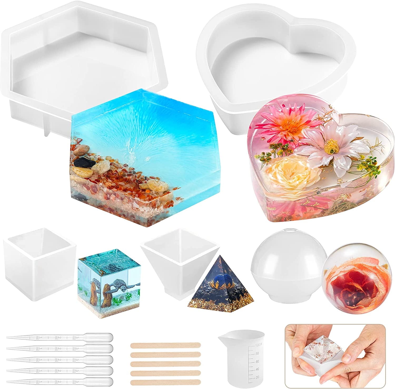 Wiher Resin Molds Silicone Kit, 8 in 1 Silicone Molds for Epoxy Resin, Large Resin Molds for Flowers Preservation, Including Hexagon, Heart, Sphere, Pyramid, Cube and Set Tools