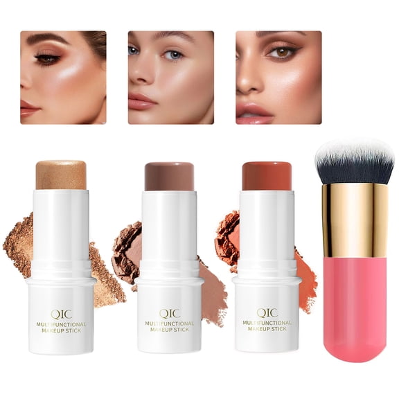 Wiher 3Pcs Cream Contour Stick Makeup Kit,Shades with Highlighter Stick,Blush Stick and Bronzer Contour Stick for Sculpt the Cheeks,Long Lasting,Waterproof,Matte & Dewy Finish (with Contour Brush)