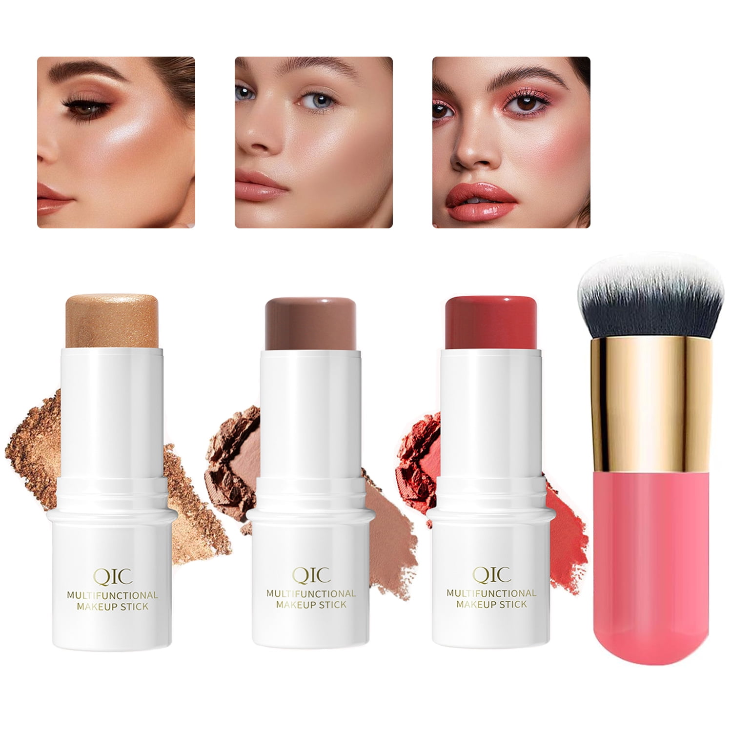 Wiher 3Pcs Cream Contour Stick Makeup Kit,Shades with Highlighter Stick,Blush Stick and Bronzer Contour Stick for Sculpt the Cheeks,Long Lasting,Waterproof,Matte & Dewy Finish (with Contour Brush)