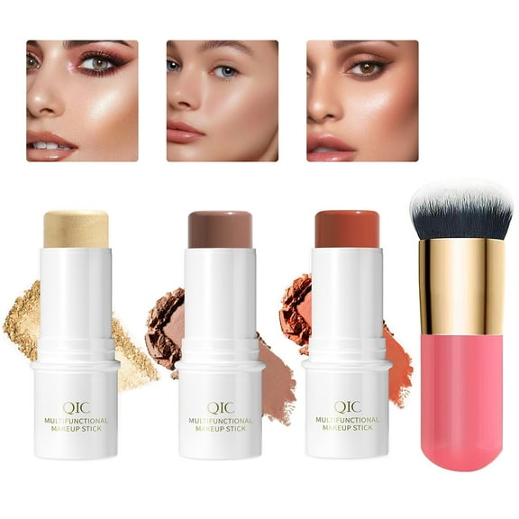 Wiher 3Pcs Cream Contour Stick Makeup Kit,Shades with Highlighter Stick,Blush Stick and Bronzer Contour Stick for Sculpt the Cheeks,Long Lasting,Waterproof,Matte & Dewy Finish (with Contour Brush)