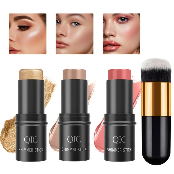 Wiher 3Pcs Cream Contour Stick Makeup Kit,Shades with Highlighter Stick,Blush Stick and Bronzer Contour Stick for Sculpt the Cheeks,Long Lasting,Waterproof,Matte & Dewy Finish (with Contour Brush)