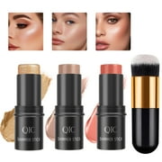 Wiher 3Pcs Cream Contour Stick Makeup Kit,Shades with Highlighter Stick,Blush Stick and Bronzer Contour Stick for Sculpt the Cheeks,Long Lasting,Waterproof,Matte & Dewy Finish with Contour Brush