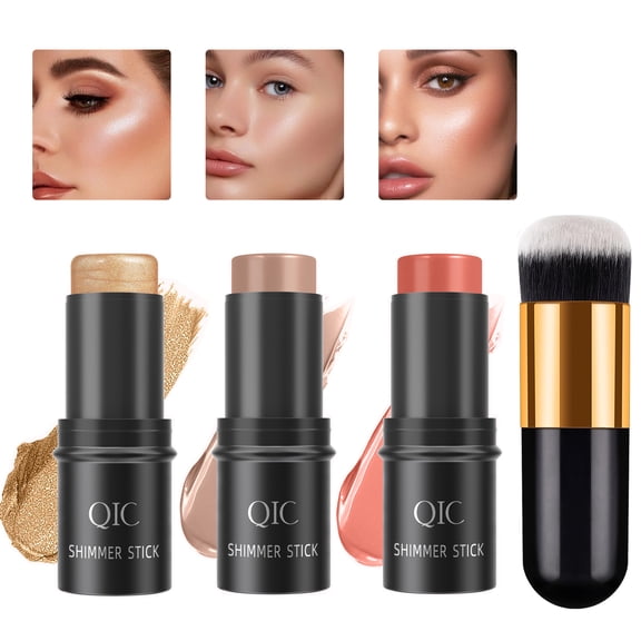 Wiher 3Pcs Cream Contour Stick Makeup Kit,Shades with Highlighter Stick,Blush Stick and Bronzer Contour Stick for Sculpt the Cheeks,Long Lasting,Waterproof,Matte & Dewy Finish (with Contour Brush)