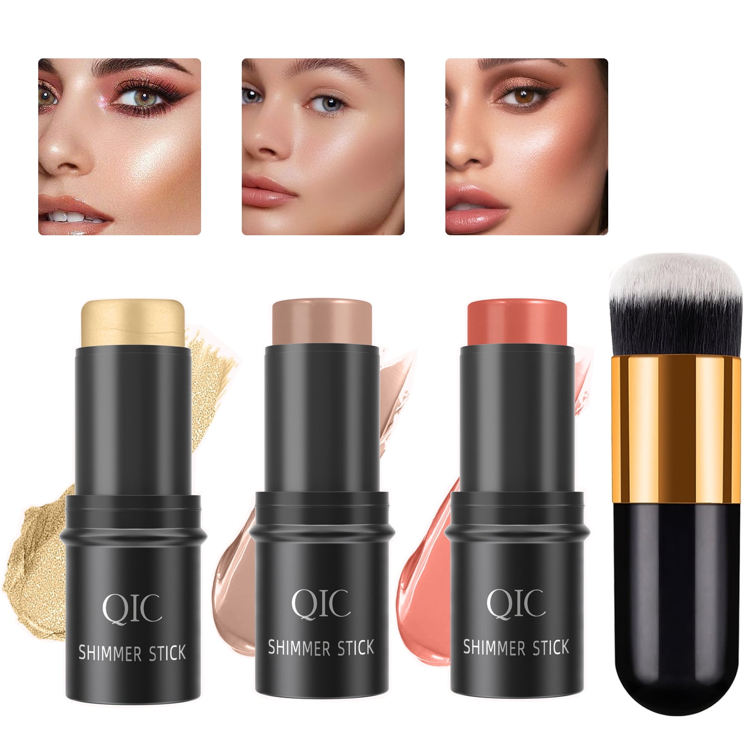 Wiher 3Pcs Cream Contour Stick Makeup Kit,Shades with Highlighter Stick,Blush Stick and Bronzer Contour Stick for Sculpt the Cheeks,Long Lasting,Waterproof,Matte & Dewy Finish (with Contour Brush)