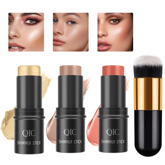 Wiher 3Pcs Cream Contour Stick Makeup Kit,Shades with Highlighter Stick,Blush Stick and Bronzer Contour Stick for Sculpt the Cheeks,Long Lasting,Waterproof,Matte & Dewy Finish (with Contour Brush)