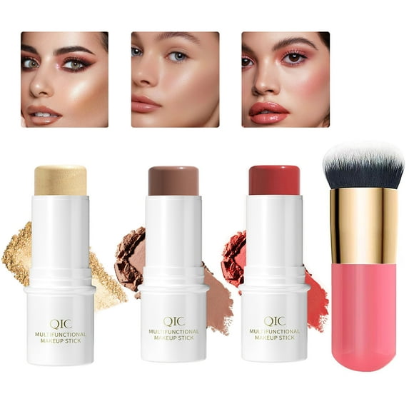 Wiher 3Pcs Cream Contour Stick Makeup Kit,Shades with Highlighter Stick,Blush Stick and Bronzer Contour Stick for Sculpt the Cheeks,Long Lasting,Waterproof,Matte & Dewy Finish (with Contour Brush)