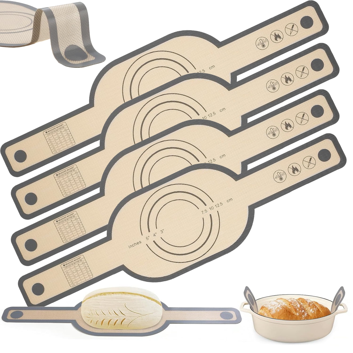 Wiher 4 Pack Thickened Silicone Bread Sling, Reusable Sourdough Bread Baking Mat For Dutch Oven, Non-Stick, Easy To Clean, With Extra Long Handles Bread Baking Sheet Liner Elliptic