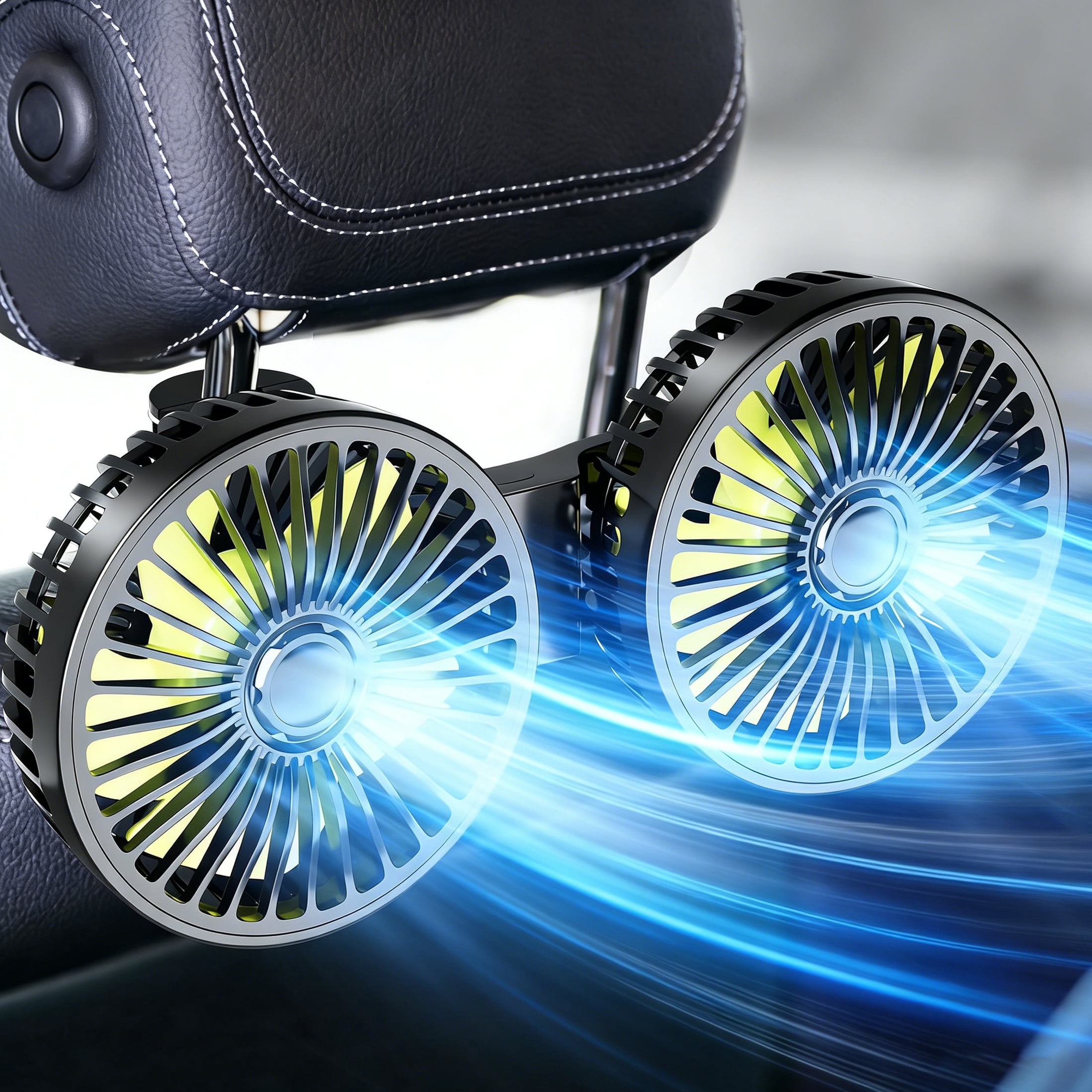 Wiher Car Fan for Backseat, Dual Head USB Car Seat Fan, 3 Speeds Strong Wind 360° Rotatable Vehicle Rear Headrest Fan for Car, Air Circulation Car Fans with Adjustable Clip for All Car Models
