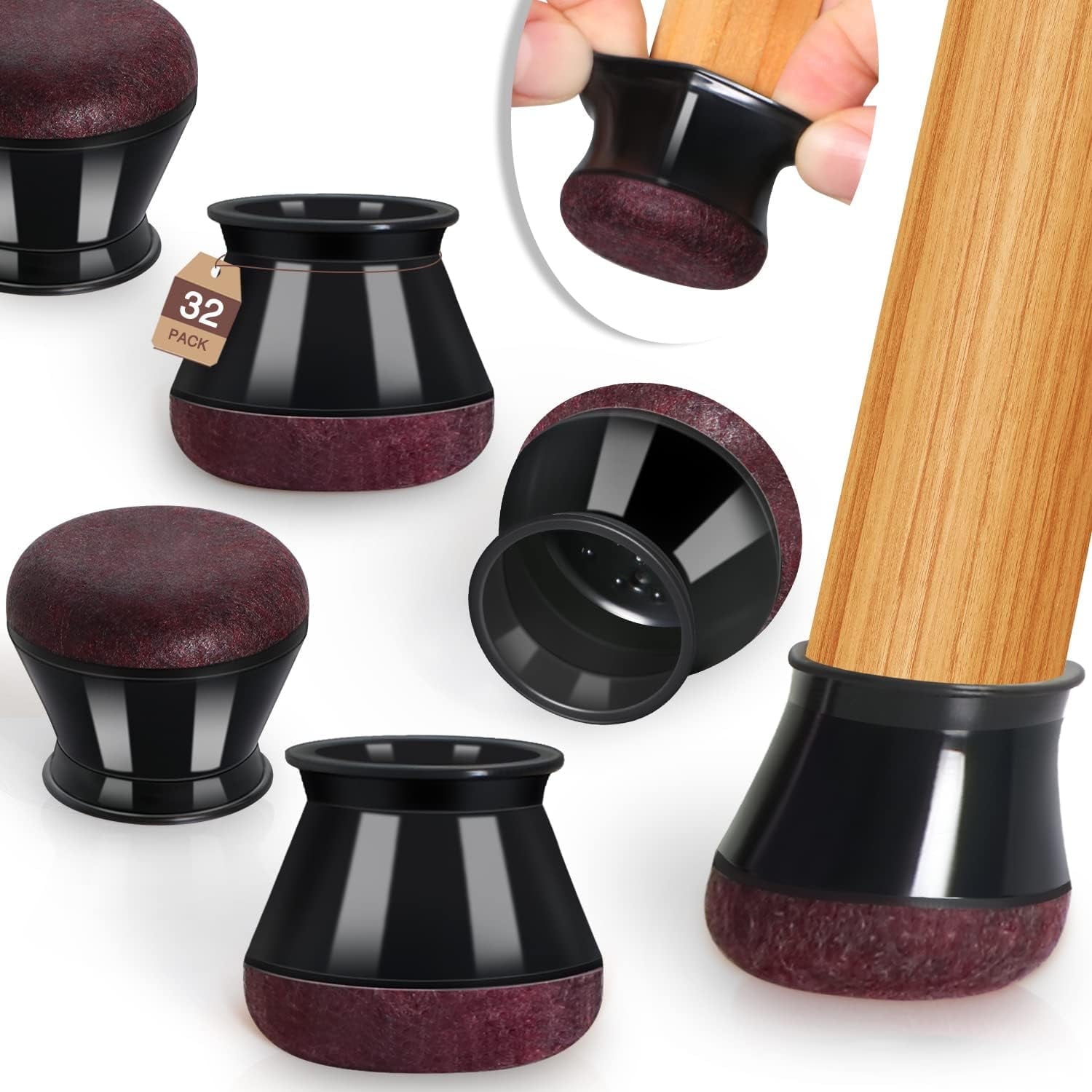 Kocwell Chair Leg Floor Protectors for Hardwood Floors with Felt Pads Covers to Protect Wood Furniture Leg Feet Cup Silicone Caps 32pcs Furniture Pads No Noise (Black 0.5"-0.75")