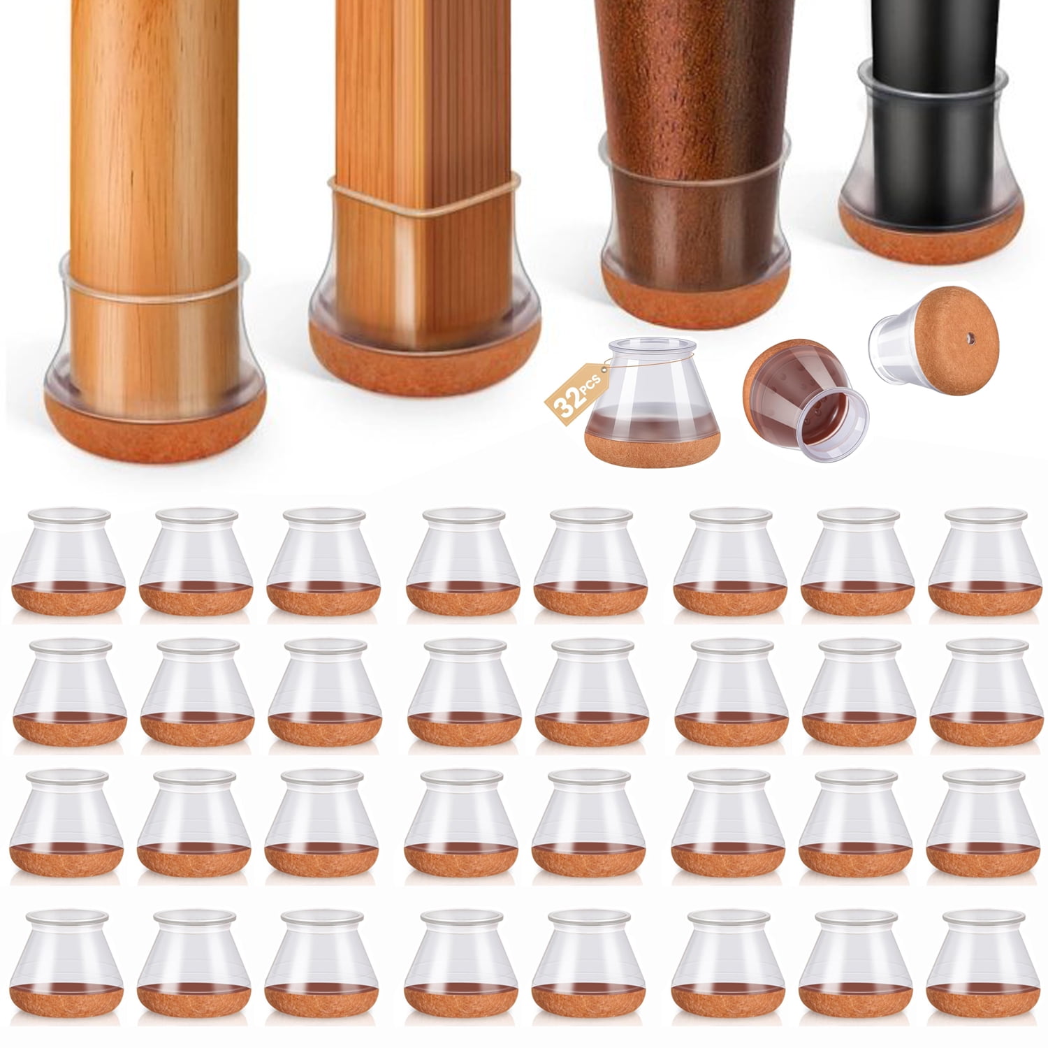 Kocwell Chair Leg Floor Protectors for Hardwood Floors with Felt Pads Covers to Protect Wood Furniture Leg Feet Cup Silicone Caps 32pcs Furniture Pads No Noise (Clear 0.5"-0.75")
