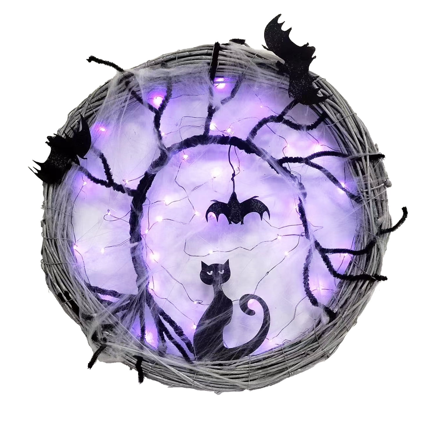 Wiher 17.7Inch Lighted UP Bat and Cat Halloween Wreath Decoration with
