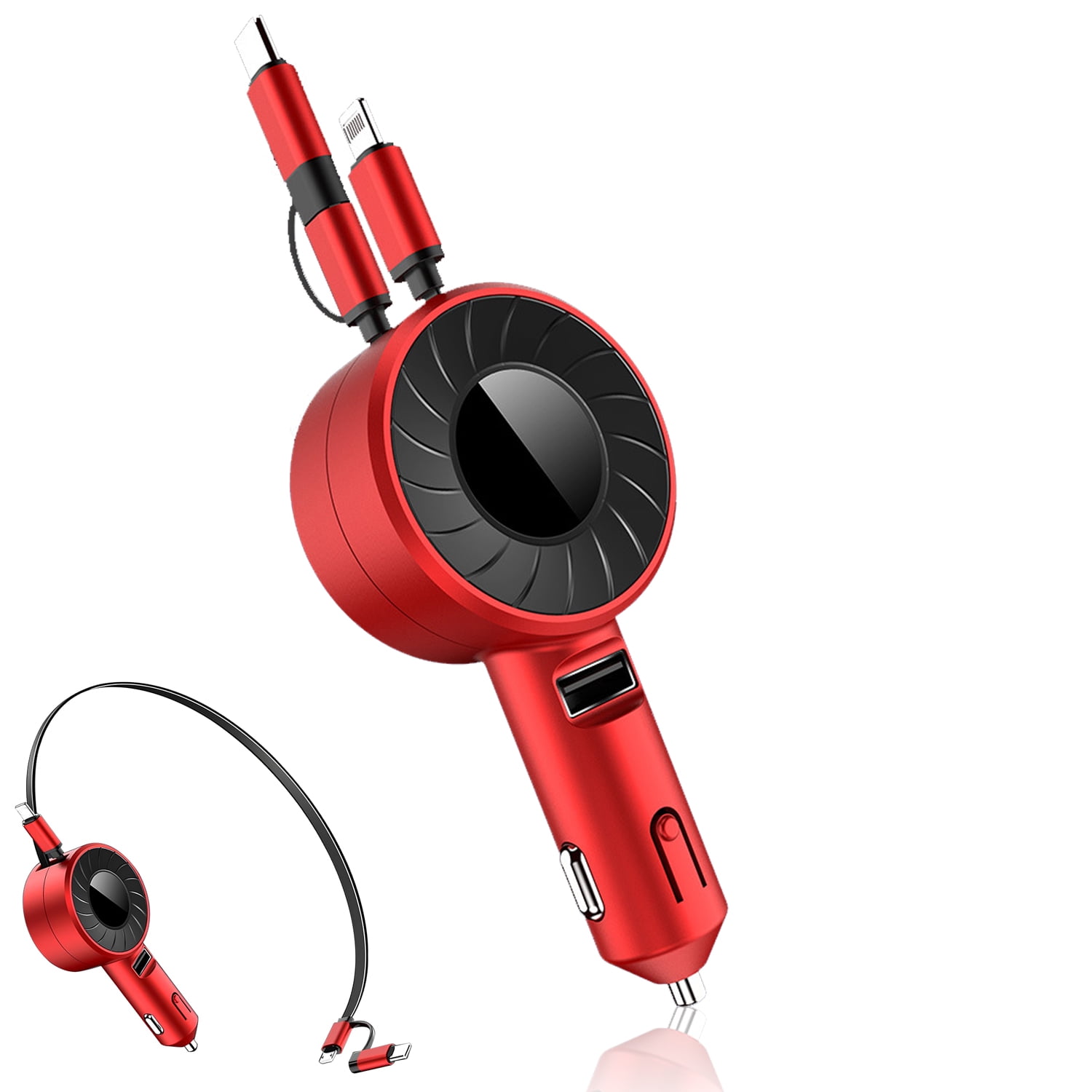 Wiher Retractable Fast Car Charger compatible for iPhone and Android with Dual Port USB C Cables 4-in-1 with Ports Adapter Car interior Accessories Red