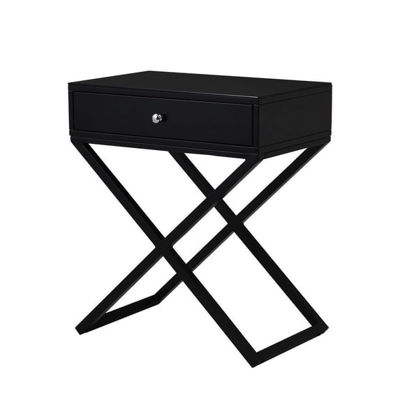 Koda Black Wooden End Side Table Nightstand w/ Glass Top Drawer & Metal Base