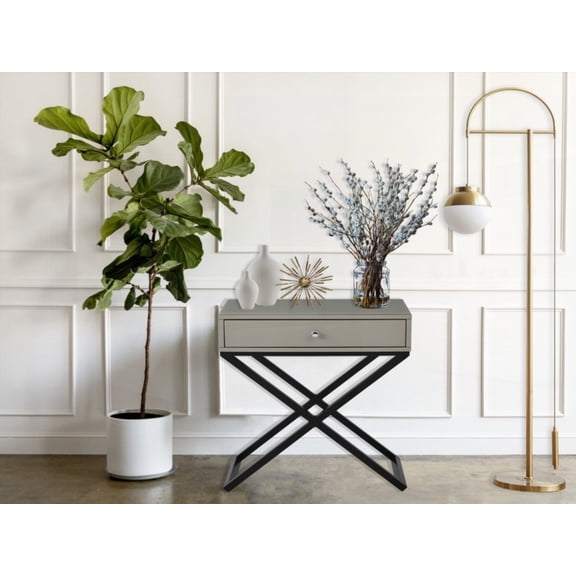 Koda's 23" Taupe Wooden End Side Table Nightstand Features MDF Tabletop & Tempered Glass, Cross Leg Base & Black Metal Base