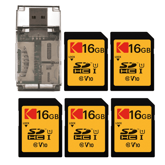 Kodak 16GB Class 10 UHS-I U1 SDHC Memory Card Bundle with High Speed Card Reader (6 Items)