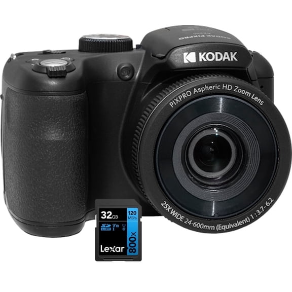 Kodak AZ255-BK PIXPRO Astro Zoom 16MP Digital Camera 25X Optical Zoom Black Bundle with Lexar 32GB High-Performance 800x UHS-I SDHC Memory Card BLUE Series
