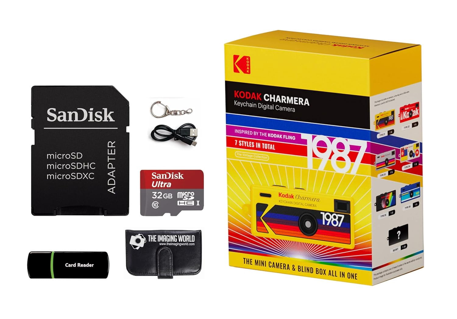 Kodak Charmera Key Chain Digital Camera Random Style Blind Box with 32 GB Micro SDHC Card and Reader, Memory Card Wallet Bundle