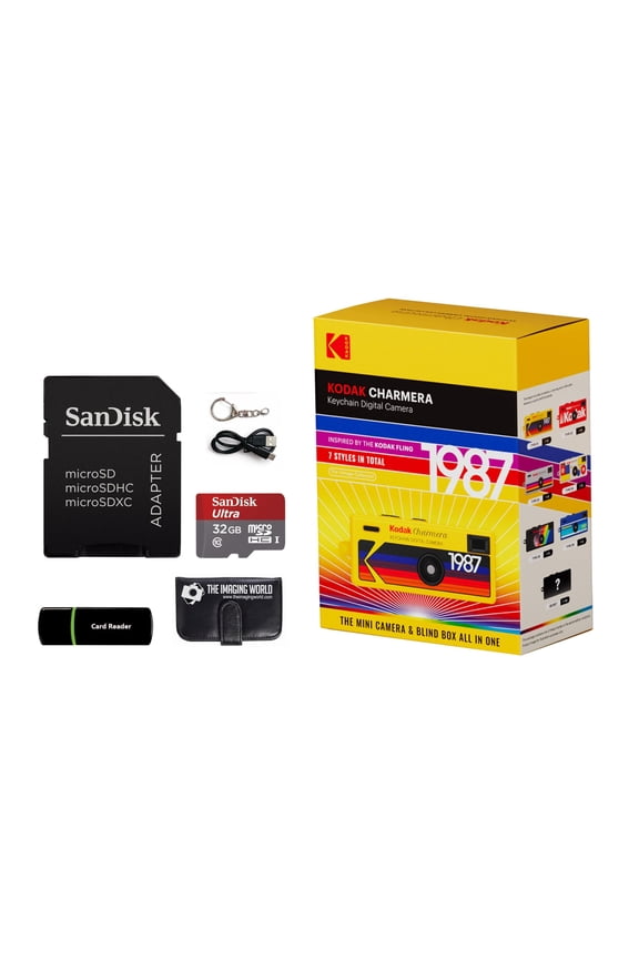Charmera Key Chain Digital Camera Random Style Blind Box with 32 GB Micro SDHC Card and Reader, Memory Card Wallet Bundle
