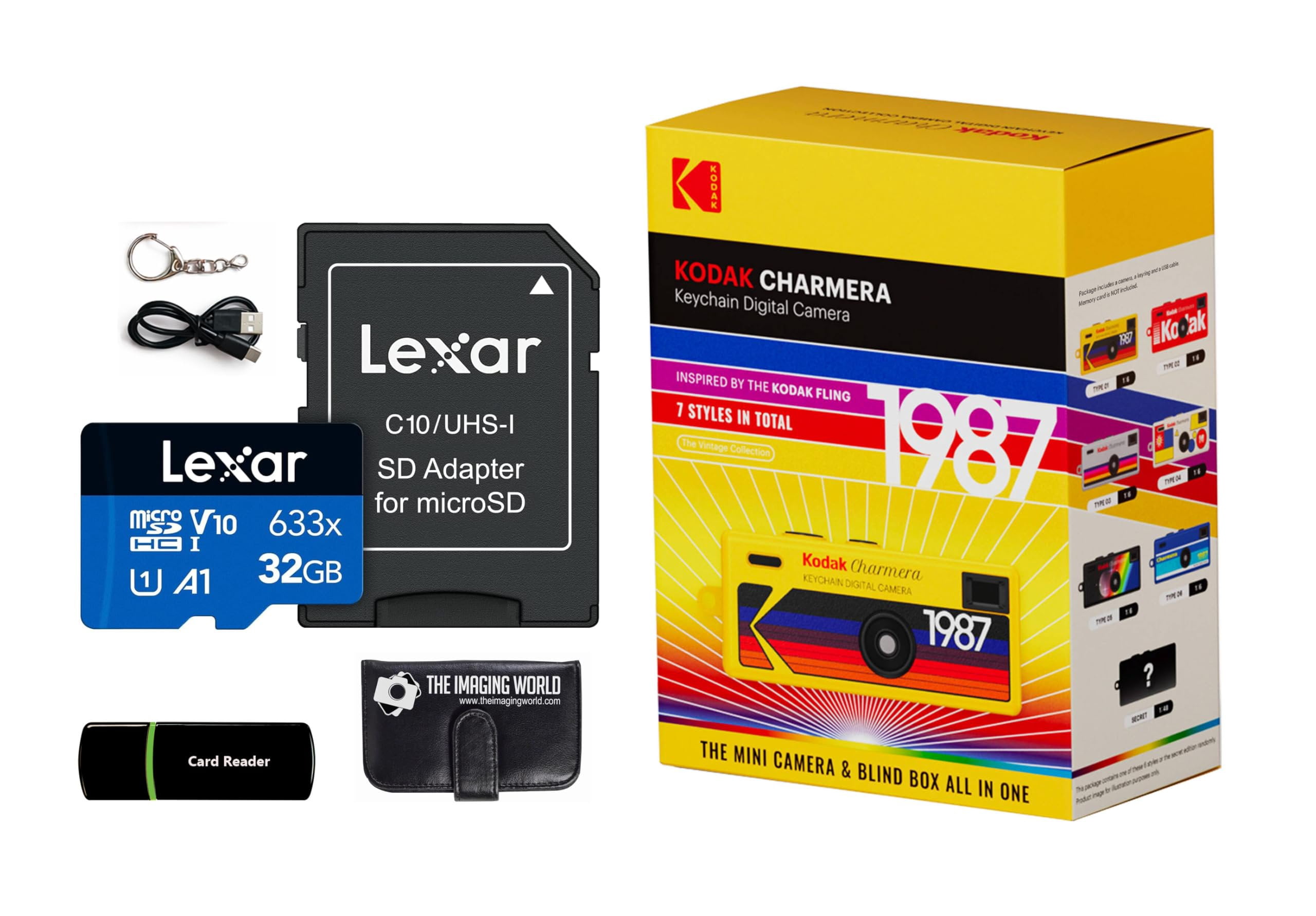 Kodak Charmera Key Chain Digital Camera Random Style Blind Box with Lexar 32 GB Micro SDHC Card and Reader, Memory Card Wallet Bundle
