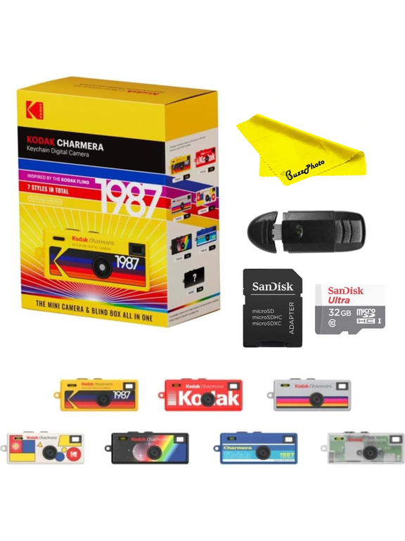 Charmera Keychain Digital Camera Blind Box Bundle Mini Retro Digital Camera with 32GB microSD Card, USB Card Reader, SD Adapter & Cleaning Cloth | Random Collectible Camera Design
